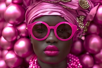 African woman wearing pink sunglasses, dark lipstick and big beads in pink color with a matching head pink and gold scarf. 