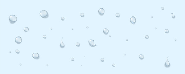 Realistic vector transparent water drops. Premium quality translucent liquid droplet set with beautiful shadows. Freshwater cool icons isolated on transparent background