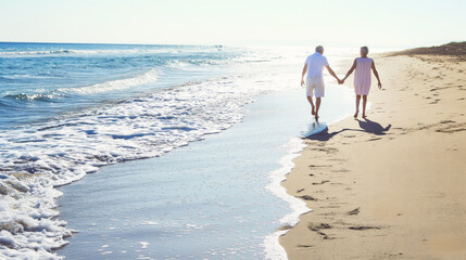Senior couple strolling hand in hand along a deserted beach with gentle waves lapping at their feet.