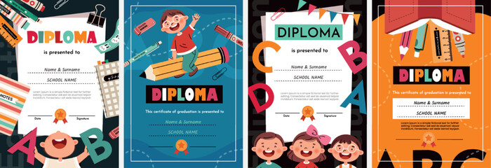 Children's diploma templates. Congratulatory certificates for primary school or kindergarten. Bright designs for designing a poster, flyer or card.