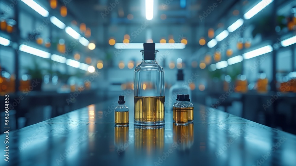 Poster glass bottles of yellow liquid on a shiny table in a laboratory setting