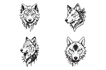 Black and white wolf vector illustration logo set