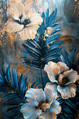 Canvas poster: flowers in gray-golden and blue-beige tones in wallpaper style