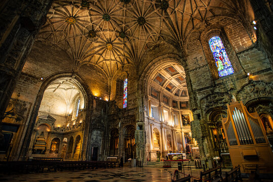 The Beautiful Ornate Interior of Jer&oacute;nimos Monastery Main Chapel - Lisbon, Portugal