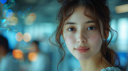 Smiling Japanese female software developer showcases her dedication with digital code visible through hologram glass walls, serving as a symbolic representation of technology.