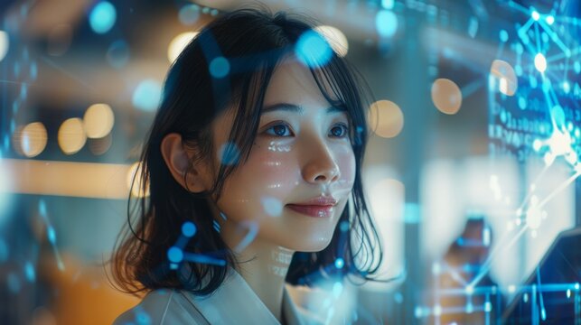 Smiling Japanese female software developer showcases her dedication with digital code visible through hologram glass walls, serving as a symbolic representation of technology.