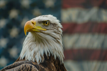 Bald eagle standing against an American Flag background. US Independence Day or July 4th background