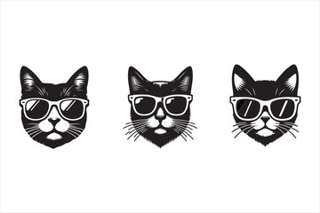 Set cool cat with sunglasses silhouette icon illustration