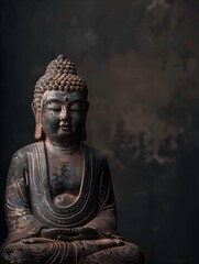 Fototapeta premium buddha statue on a dark background with copyspace for text