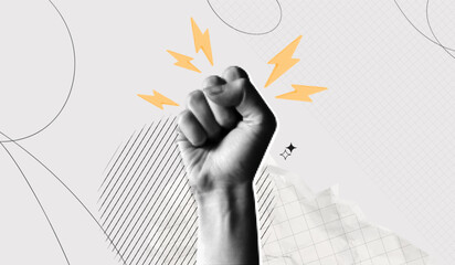 Trendy Halftone Collage Raised Fist up. Demonstration of protest. Fight for your rights. Power sign. Success and strength. Feminism concept. Magazine style. Contemporary vector art illustration
