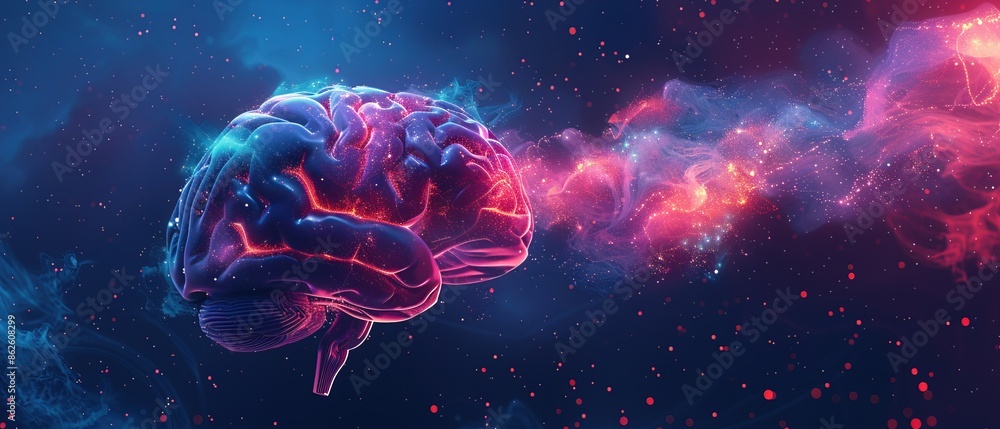 Poster human brain ai colorful neuron illustration, brain learning new knowledge and understanding input th