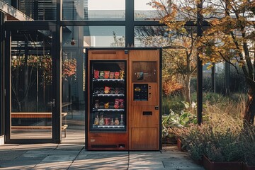 A small vending machine with a few drinks inside