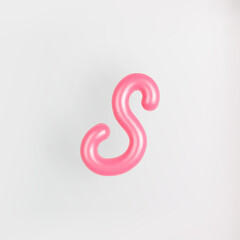 3D Pink Script Lowercase Letter S on light background. Cute Cursive Bubble typography symbol vector illustration.