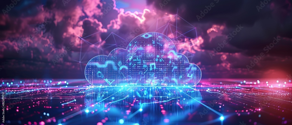 Poster cloud computing transfer big data on internet. futuristic digital technology