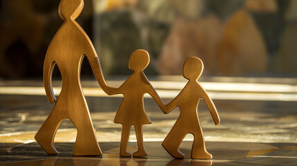 Three wooden artist's figures arranged to simulate parents walking with their child in an abstract environment.