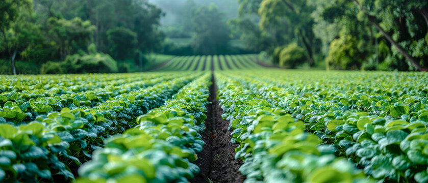 Field of green plants with a row of plants among the mountain forest