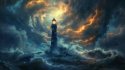 Obraz premium A lighthouse with digital beams in a stormy sea, Cool colors, Steampunk, Digital painting, Dramatic