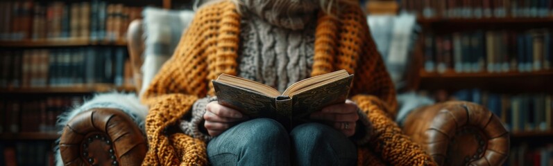 Someone is sitting in a chair reading a book in a library