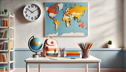Colorful Back to School Desk with Supplies and World Map