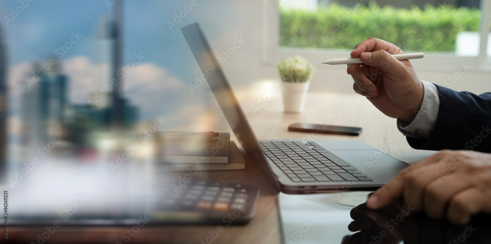Poster business corporate finance analysis chart graph person using a laptop computer tablet analyzing data