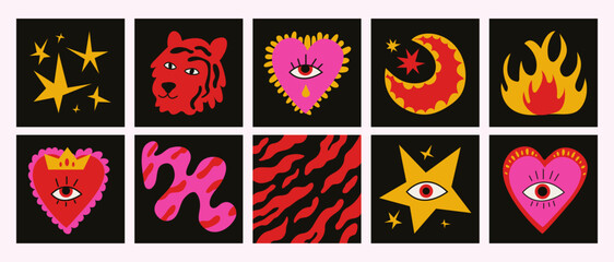 Set of magic sticker with tiger heart star comet fire in playful bohemian style. Mystic cosmic tarot aesthetic. © Nastya