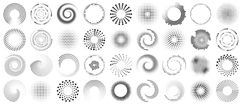 Spiral halftone dot element collection. Black spiral decoration. Circle spiral texture