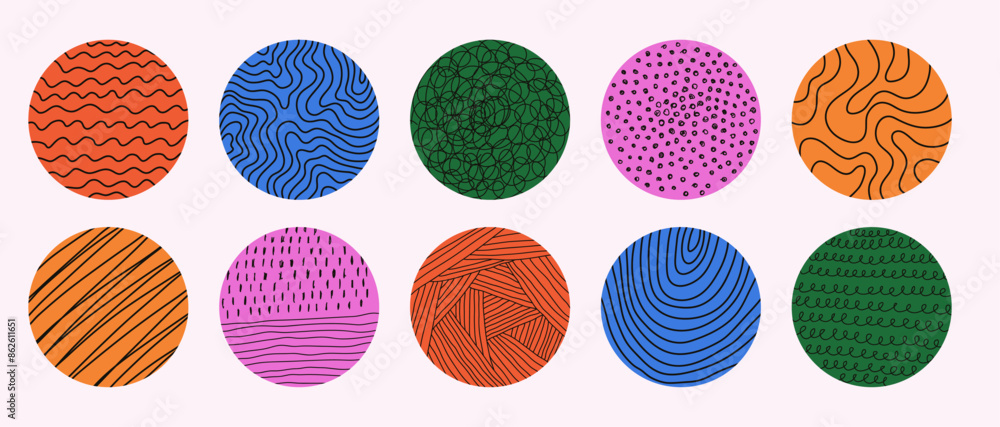 Poster set of multicolored textured pattern circle. hand drawn curve wavy spot brush line. contemporary mod