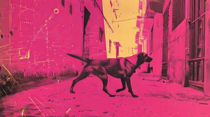 Silhouette of a dog walking confidently through narrow urban alley. Striking contrast between vivid pink walls and dark canine figure. 