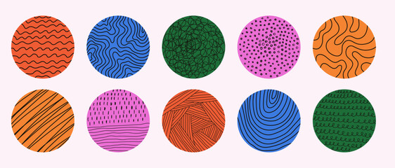 Set of multicolored textured pattern circle. Hand drawn curve wavy spot brush line. Contemporary modern trendy Vector illustration.