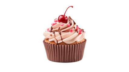 Cupcake with cherry cutout. Tasty cup cake on transparent background