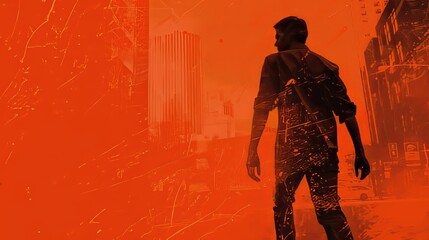 Striking urban scene bathed in intense orange sunlight. Lone silhouetted figure walks down empty city street. Tall buildings frame the path, casting long shadows. 