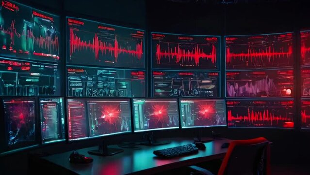 There are multiple computer screens in a dark room. The screens are displaying red and green lines and graphs.