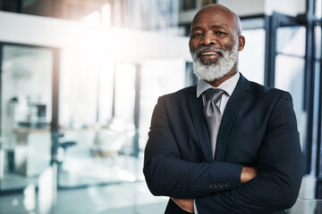 Manager, portrait and mature black man with arms crossed for corporate career, business or...