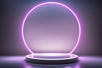 A Large Circular Podium Illuminated By Neon Light, Perfect For Product Presentations. The Setting Is Bathed In Soft, Ambient Lighting, Giving It A Modern And Futuristic Feel.