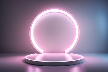 A Large Circular Podium Illuminated By Neon Light, Perfect For Product Presentations. The Setting Is Bathed In Soft, Ambient Lighting, Giving It A Modern And Futuristic Feel.