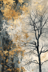 Canvas poster: trees in gray-golden and blue-beige tones in wallpaper style