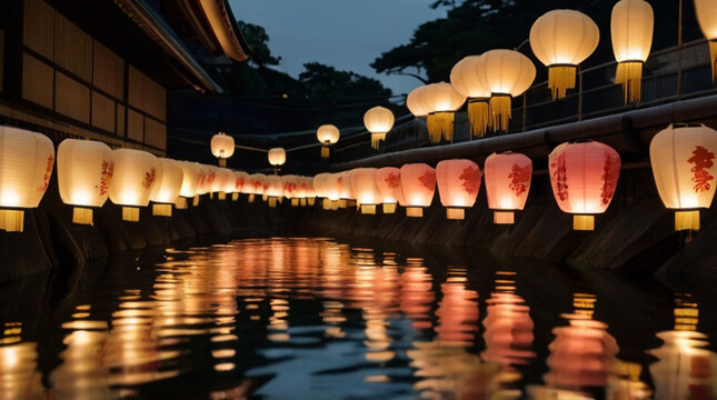 Obon - Japanese festival dedicated to remembering and honoring the dead, many paper lanterns during the night