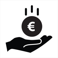 Money income, earning, salary icon design. Euro coin on hand isolated on white background. Vector illustration Hand with euro coin currency money Icon. Money concept, design element.