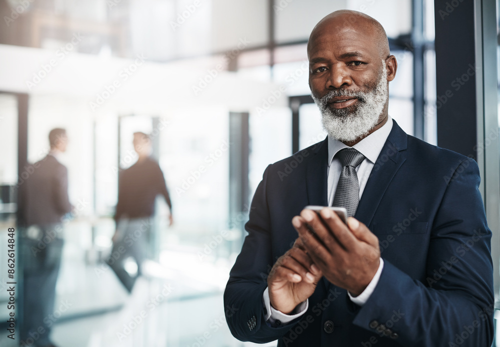 Poster mature, man and portrait in office with smartphone, professional ceo and networking with executive. 