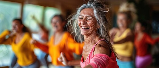 Obraz premium Middle-aged women enjoying a joyful dance class, candidly expressing their active lifestyle through Zumba with friends