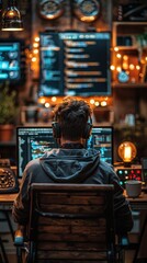 Fototapeta premium Someone sitting at a desk with headphones on and a laptop