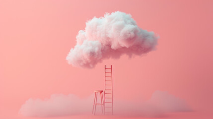 Minimal Pale Pink Background with Ladder to a Small White Cloud..