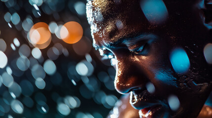 Extreme close-up view of an athlete's face focused and sweating during intense training under bright lights at night.
