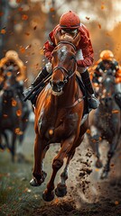 Dynamic Close-Up of Racing Horse in Action with Jockeys Competing at Full Speed in Vibrant Sunlight