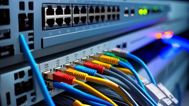 A rack-mounted network switch with multiple colored Ethernet cables plugged into it.