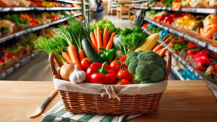 Supermarket basket with fresh vegetables, close-up