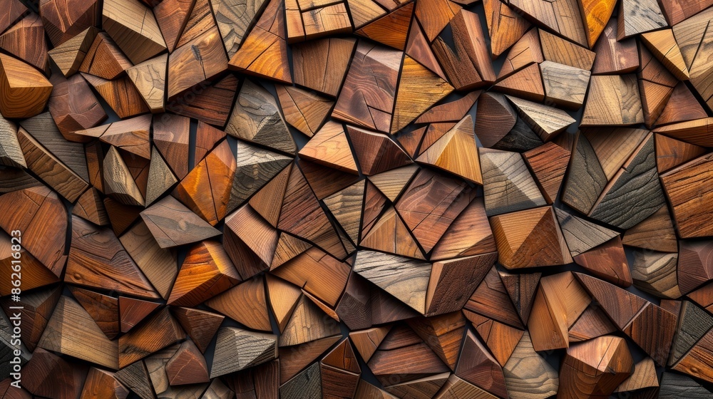 Poster the wall is covered with a mosaic of wooden pieces each one perfectly p to create an abstract geomet