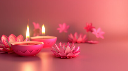 Oil lamps with flowers decoration in Diwali festival.