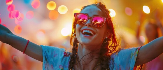 Beautiful young woman having fun at colourful music festival. Happy girl enjoying herself and dancing. Summer holiday, vacation concept