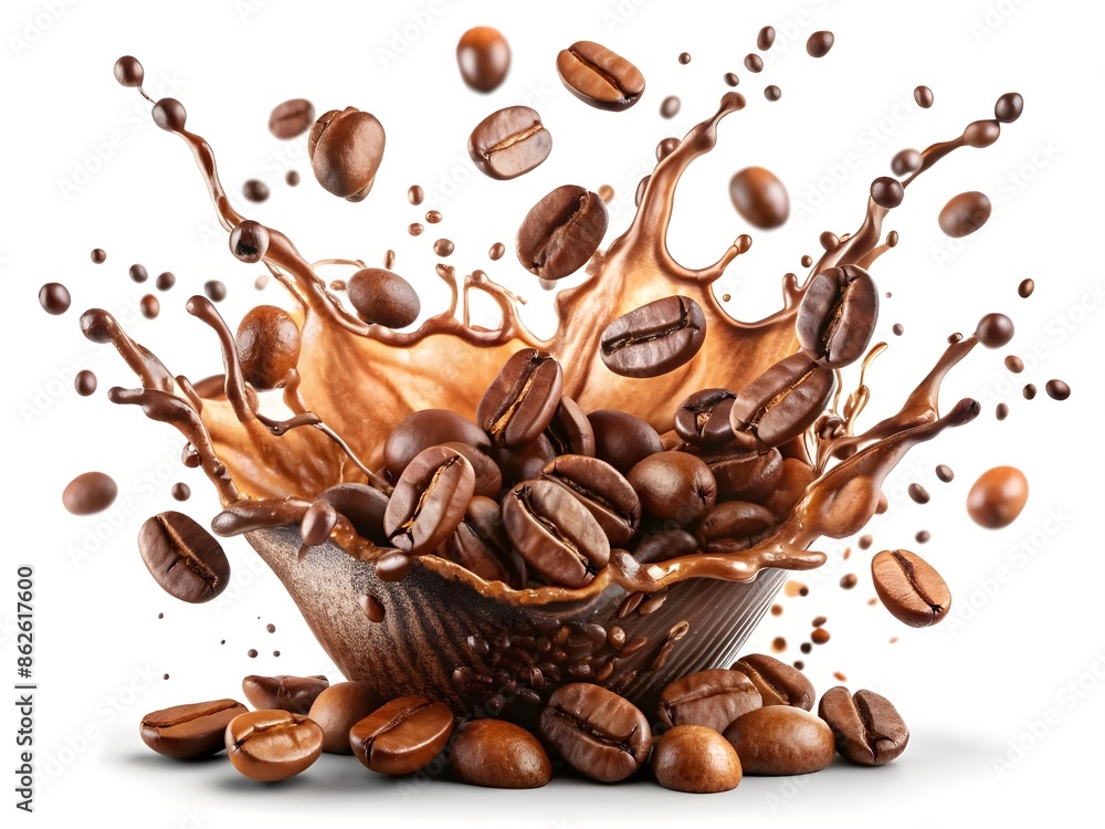 Wall mural coffee splash with coffee beans on white background